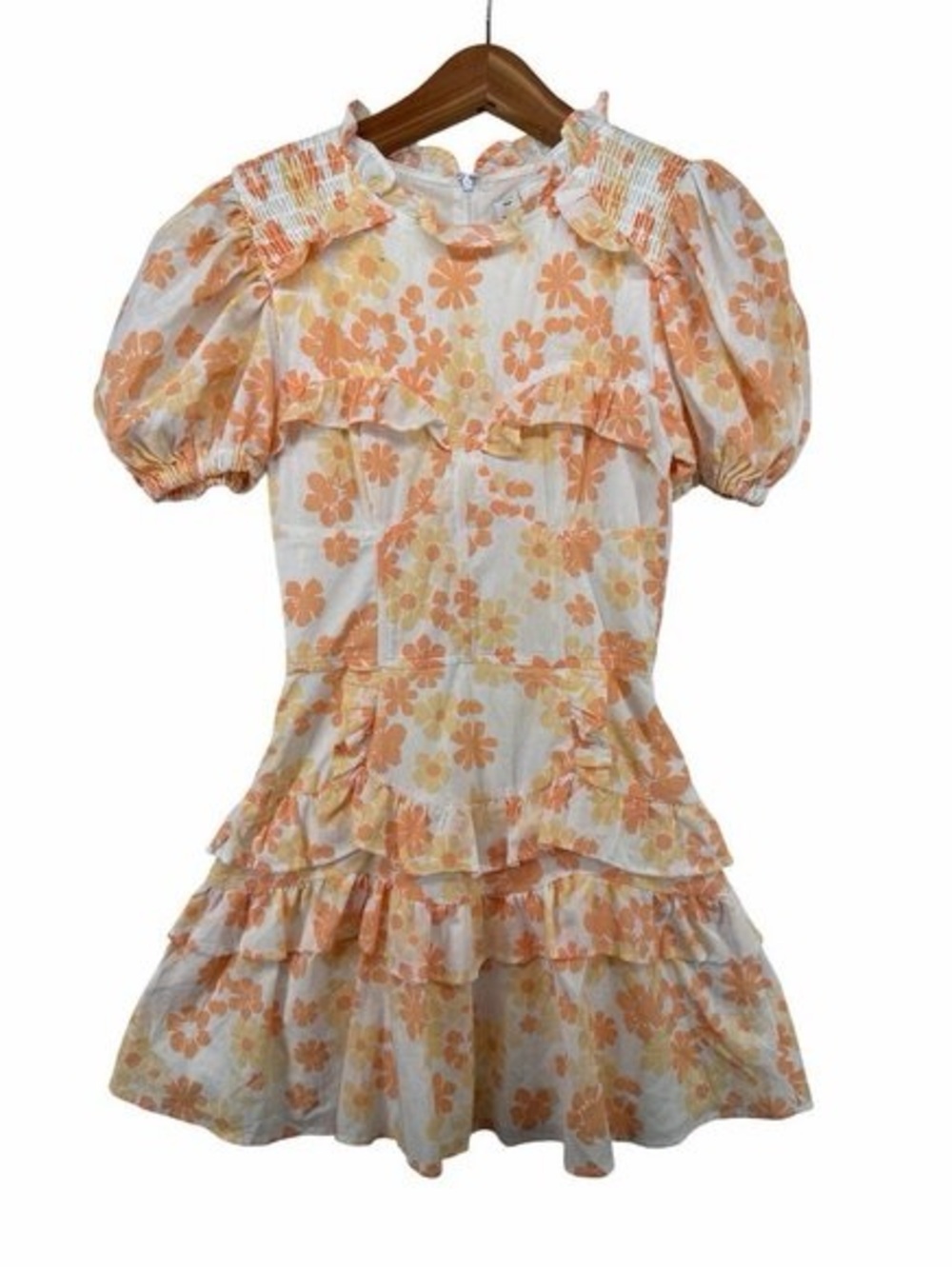 Sabo Skirt Peach and Cream Floral Puff-Sleeve Ruffle Dress